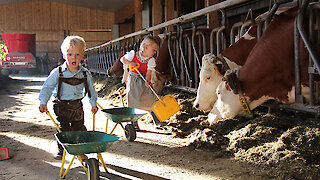 Kinder helfen im Stall auf dem Bauernhof im Bayerischen Wald